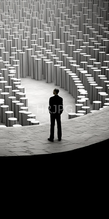 High Resolution: Asian man black suit standing on curved shadowed platform overlooking maze-like arrangement tall white rectangular pillars illuminated tops download. | HRJPG.com
