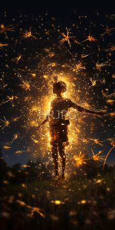 High Resolution: Illuminated silhouette likely male child short curly hair shorts standing in grass at night vibrant golden sparks resembling fireworks download. | HRJPG.com