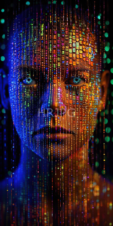 High Resolution: Androgynous person light skin blue eyes gazing intently forward face illuminated by colorful LED lights vibrant patterns download. | HRJPG.com