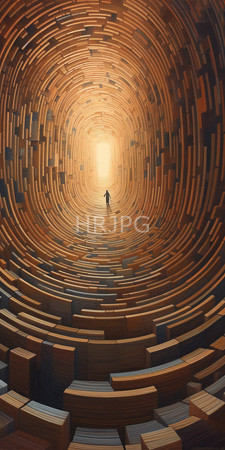 High Resolution: Endless cylindrical maze concentric wooden steps rectangular platforms warm brown tones solitary figure silhouetted against bright light download. | HRJPG.com
