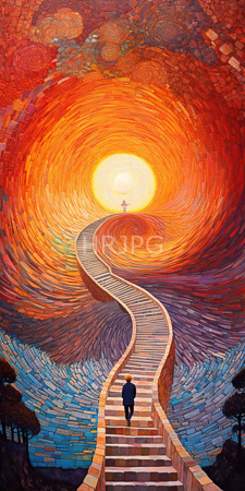 High Resolution: Vibrant surreal painting individual dark clothing ascending curved stone steps towards glowing sun swirling red orange clouds blue water reflects download. | HRJPG.com