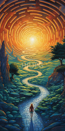 High Resolution: Ethereal landscape concentric golden maze-like patterns in the sky green hills cobblestone path distant mountains flanked by trees download. | HRJPG.com