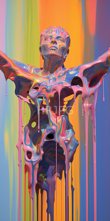 High Resolution: Abstract humanoid figure covered in vibrant pink purple wax-like substance dripping down its body colorful vertical stripes background download. | HRJPG.com