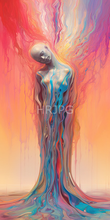 High Resolution: Abstract humanoid figure flowing liquid-like colors pink blue orange yellow cascading down its form gradient background peach to red-orange download. | HRJPG.com