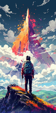 High Resolution: Adventurer dark skin wearing red jacket blue backpack standing on rocky cliff overlooking vibrant mountain peak splattered orange-red hues download. | HRJPG.com