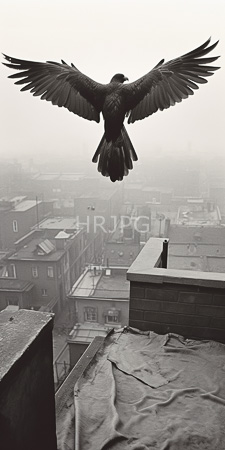 High Resolution: Black-and-white eagle with wings fully extended mid-flight above urban rooftops cityscape in foggy background brick buildings chimneys download. | HRJPG.com