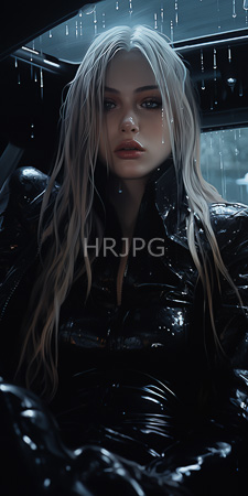 High Resolution: Attractive pale-skinned woman long platinum blonde hair striking blue eyes sitting in a car during rain glossy black latex outfit download. | HRJPG.com