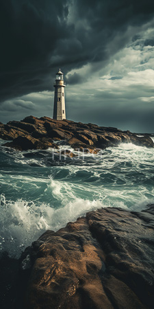 High Resolution: Isolated lighthouse on rocky cliffs under dramatic dark clouds turbulent waves crashing against rocks in foreground stormy atmosphere download. | HRJPG.com