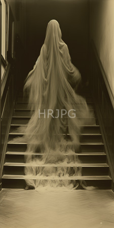 High Resolution: Sepia-toned ethereal ghost-like figure long flowing white fabric covering its entire body descending dim-lit stairs old building hallway download. | HRJPG.com