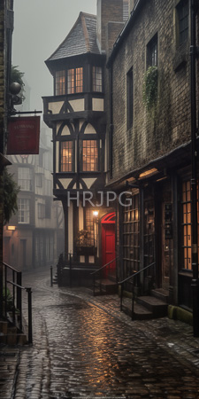 High Resolution: Atmospheric foggy cobblestone street medieval-style architecture half-timbered buildings stone facades warm yellow lights red light glows download. | HRJPG.com