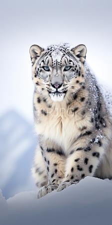 High Resolution: Adult snow leopard striking blue eyes sitting in snowy terrain blurred mountain peaks white sky thick fur cream-colored download. | HRJPG.com
