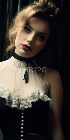 High Resolution: Pale-skinned woman wavy blonde hair dark red lipstick subtle eye makeup black dress white lace trimmings sheer high-necked fabric download. | HRJPG.com