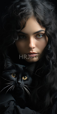 High Resolution: Attractive young woman long curly black hair olive skin tone gazing intently at her viewer's left side sleek black cat download. | HRJPG.com