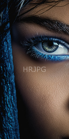 High Resolution: Close-up individual's right eye dark brown skin striking blue-green iris intricate patterns black pupils eyelid adorned with electric-blue eyeshadow download. | HRJPG.com