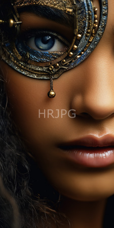 High Resolution: Close-up African-American woman's face right eye and lips rich brown skin tone intricate metallic blue-and-gold masquerade mask download. | HRJPG.com