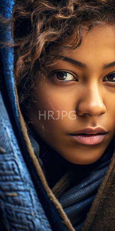 High Resolution: Close-up African-American child curly brown hair medium-brown skin tone expressive dark eyes blue textured fabric hooded garment download. | HRJPG.com