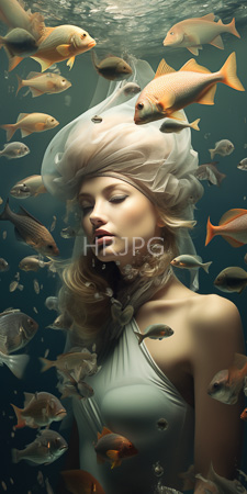 High Resolution: Ethereal fair-skinned woman closed eyes wavy blonde hair submerged underwater translucent white fabric veiled surrounded by colorful fish download. | HRJPG.com