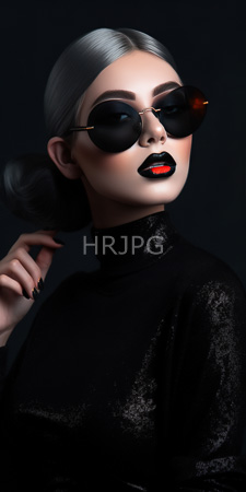High Resolution: Elegant woman pale skin silver hair sleek bun wearing black circular sunglasses reflecting light red lipstick gloss effect download. | HRJPG.com