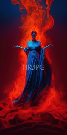 High Resolution: Ethereal blue-skinned woman flowing dress standing amidst vibrant red orange flames dark background arms outstretched graceful welcome download. | HRJPG.com
