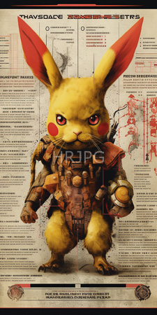 High Resolution: Pikachu yellow mouse-like creature red cheeks large ears tipped in orange-red fur wearing detailed brown mechanical armor technical diagrams download. | HRJPG.com
