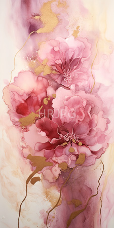 High Resolution: Elegant watercolor painting large pink red peonies delicate gold accents white paper soft gradients deep crimson to pale blush tones download. | HRJPG.com