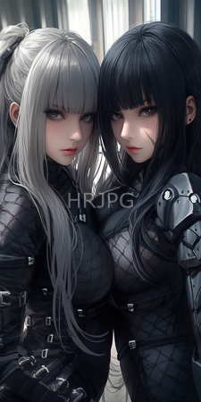High Resolution: Two young women pale skin standing close together indoor setting soft light behind curtains long hair tight-fitting quilted-black bodysuits download. | HRJPG.com
