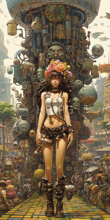 High Resolution: Anime-style young woman long brown hair white crop top black shorts adorned with chains flower crowns on her head download. | HRJPG.com