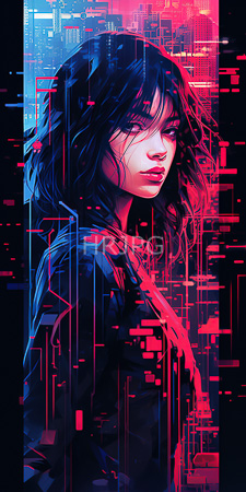 High Resolution: Anime-style woman wavy black hair pale skin intense purple eyes neon pink-blue cybernetic patterns dark background shadowy top download. | HRJPG.com