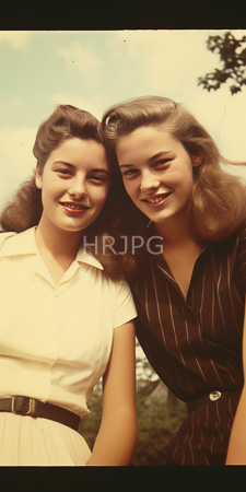 High Resolution: Two smiling young women wavy shoulder-length brown hair outdoor setting clear skies greenery white short-sleeved blouse download. | HRJPG.com