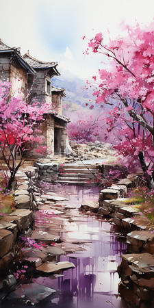 High Resolution: Ancient stone house weathered textures vibrant pink cherry blossoms full bloom narrow stream flows rocky steps leading to entrance download. | HRJPG.com
