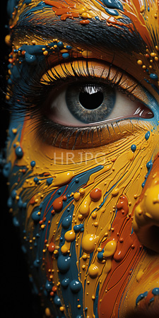 High Resolution: Intense close-up on a blue-eyed face heavily painted with vibrant orange yellow splatters interspersed with small round dots download. | HRJPG.com