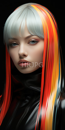 High Resolution: Hyper-realistic digital portrait androgynous young person pale skin white bangs-covered hair red-orange-yellow streaked strands black leather clothing download. | HRJPG.com