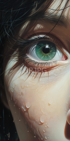 High Resolution: Hyper-realistic digital painting intense close-up green-eyed human face detailed water droplets glistening across pale skin dark hair download. | HRJPG.com
