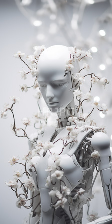 High Resolution: Elegant white humanoid robot adorned with delicate cherry blossoms thin branches around its head and shoulders soft-focus background download. | HRJPG.com