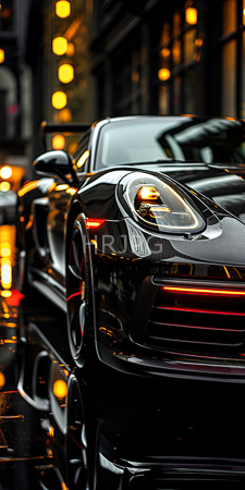 High Resolution: Sleek black sports car glossy finish red LED lights front grille parked at night urban setting reflections from streetlights download. | HRJPG.com
