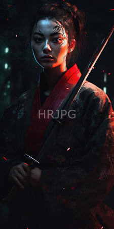 High Resolution: Asian woman dark hair bun traditional Japanese attire red gray patterns holding katana sword upright dramatic green-blue lighting download. | HRJPG.com