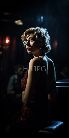 High Resolution: Elegant woman short curly brown hair red lipstick dark lighting shimmering maroon dress revealing her back seated on stool download. | HRJPG.com