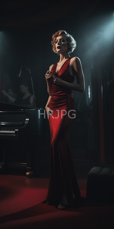 High Resolution: Elegant woman short curly blonde hair standing on stage dim lighting shimmering red evening gown deep V-neckline download. | HRJPG.com