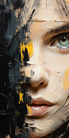 High Resolution: Abstract digital painting close-up human face textured brushstrokes black yellow smooth beige skin tones detailed green eye download. | HRJPG.com