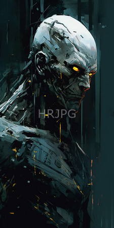 High Resolution: Abstract metallic humanoid figure bald head glowing yellow eyes dark teal background face rugged mechanical joints textured metal armor download. | HRJPG.com