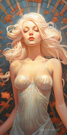 High Resolution: Ethereal fair-skinned woman flowing platinum blonde hair closed eyes wearing sheer white nightgown orange flowers blue circular patterned background download. | HRJPG.com
