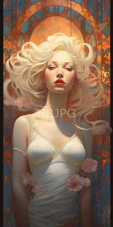 High Resolution: Ethereal fair-skinned woman flowing platinum blonde hair pink lips white camisole ornate golden arch background blue floral patterns download. | HRJPG.com