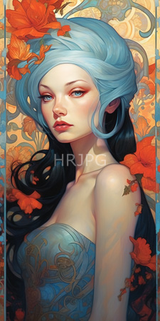 High Resolution: Ethereal fair-skinned woman long blue black hair adorned in vibrant orange flowers ornate golden patterns strapless light-blue dress download. | HRJPG.com