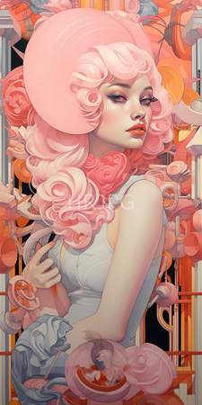 High Resolution: Ethereal pale-skinned woman voluminous pink curly hair matching roses surrounding her head white ruffled clothing profile view download. | HRJPG.com