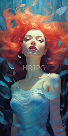 High Resolution: Ethereal woman vibrant flowing red hair floating underwater dark blue hues light green leaves sheer white dress download. | HRJPG.com