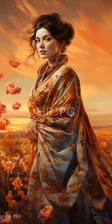 High Resolution: Ethereal woman fair skin dark wavy hair loose updo flowing floral-patterned kimono over her shoulders sunset sky orange flowers download. | HRJPG.com