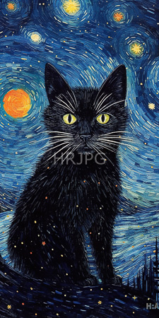 High Resolution: Oil painting style of Vincent van Gogh's "The Starry Night" black cat yellow eyes sitting centered swirling blue dark night sky download. | HRJPG.com