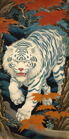 High Resolution: Intricate illustration traditional Japanese woodblock style fierce white tiger striking blue stripes sharp claws mid-stride through autumn foliage download. | HRJPG.com