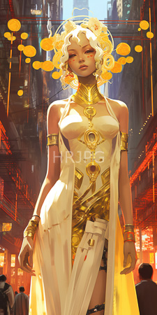 High Resolution: Ethereal light-skinned woman curly white hair golden floral headpiece jewelry revealing gold-accented cream dress futuristic cityscape background download. | HRJPG.com