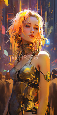 High Resolution: Attractive blonde woman wavy hair fair skin futuristic neon cityscape at night metallic armor-like top revealing small breasts download. | HRJPG.com